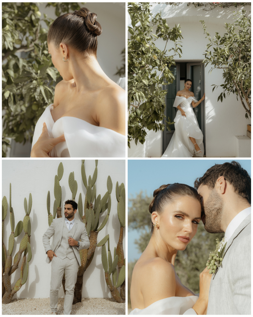 Bride with sculptural updo and refined makeup by Elena Gentile MUAH at an Italian wedding at Masseria Moroseta in Puglia.