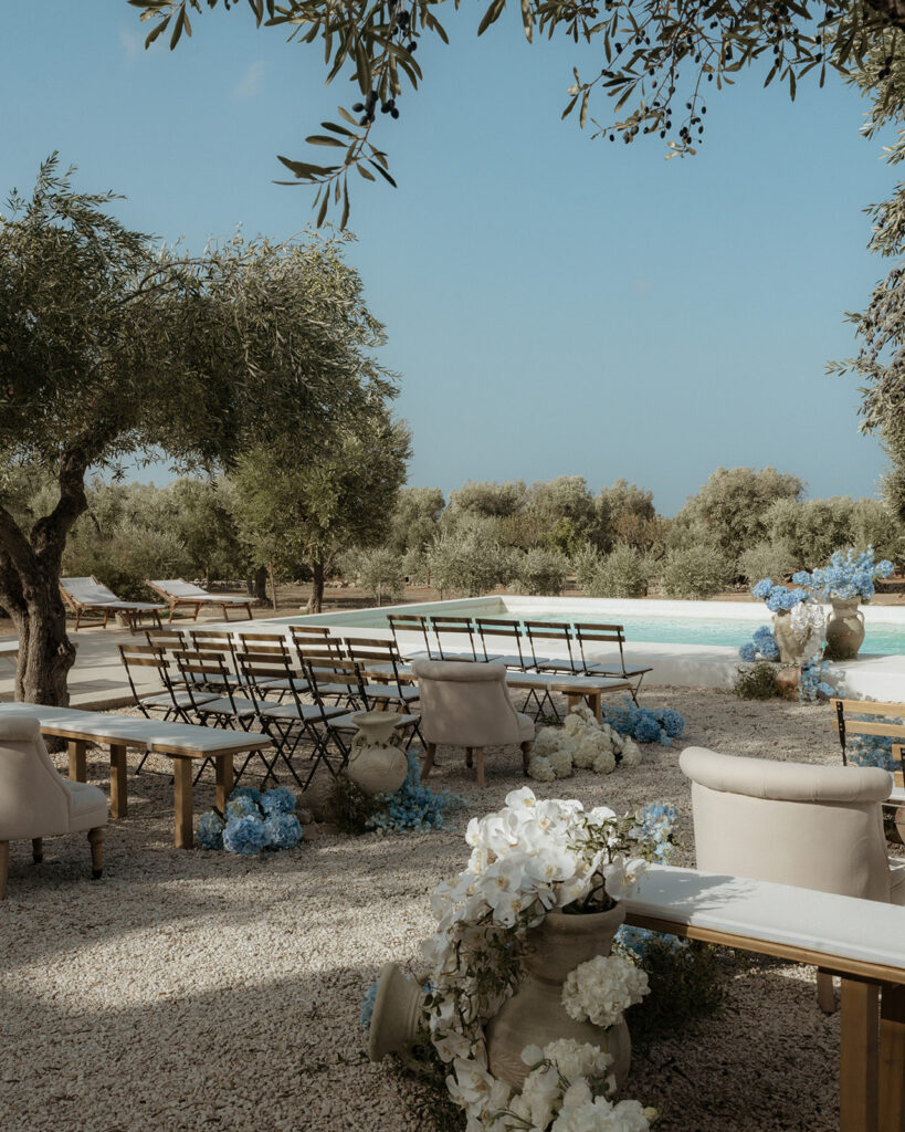 Italian wedding at Masseria Moroseta in Puglia with white modern architecture and olive trees