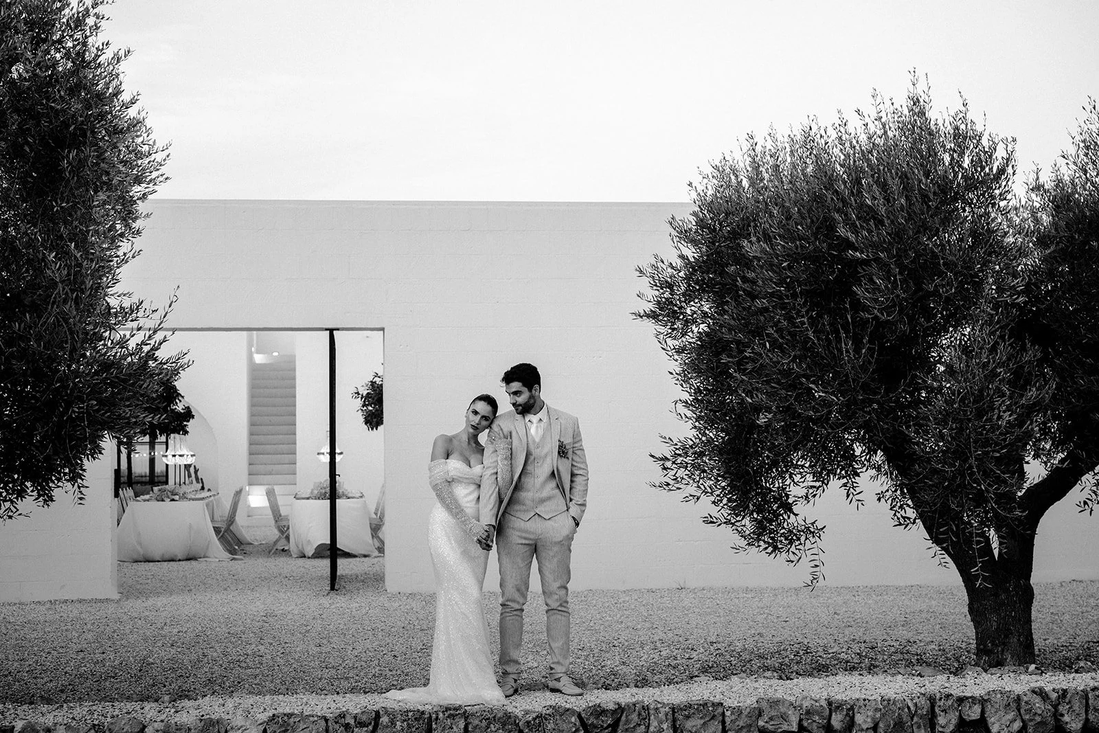 Bride and Groom Portrait session showcasing the modern Design of Masseria Moroseta