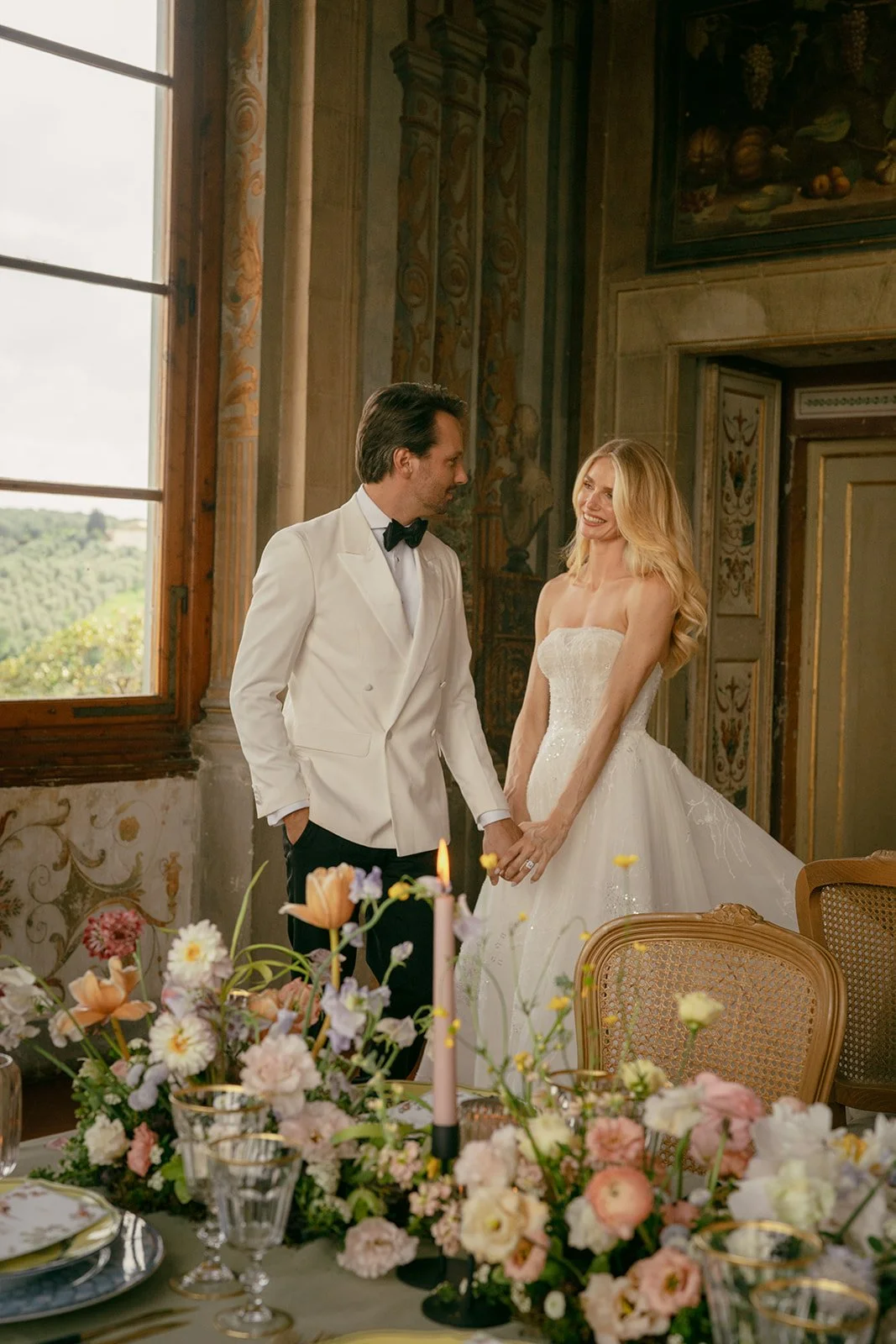  wedding portrait session at Villa Corsini designed by Kaleb Norman James & Winsome Floral. Bride in Dylan Parienty Paris Wedding Gown  