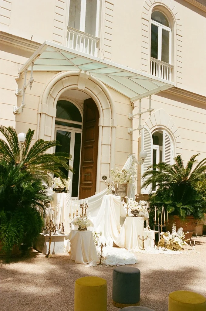 Villa Astor wedding ceremony setup with florals at entrance in Sorrento, Italy