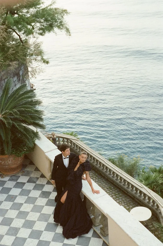 Villa Astor wedding couple portrait on terrace overlooking sea in Sorrento, Italy