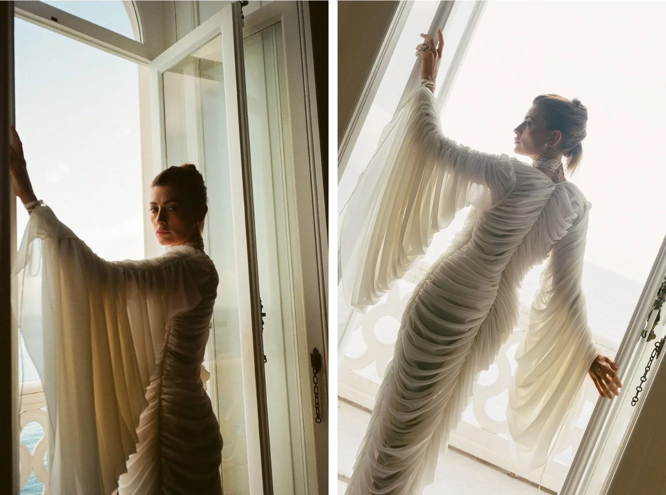  These two portraits—taken moments apart at Villa Astor—reveal the distinct beauty of film and digital. On the left, the film image carries a quiet depth, with soft shadows, organic grain, and a romantic warmth that evokes timelessness. On the right, the digital version renders the same scene with crisp clarity and editorial precision, highlighting every fold of the gown and the glow of the Amalfi Coast beyond. Both are beautiful in their own right—film feels like memory, while digital feels like presence—and together, they tell a fuller story of the day. 