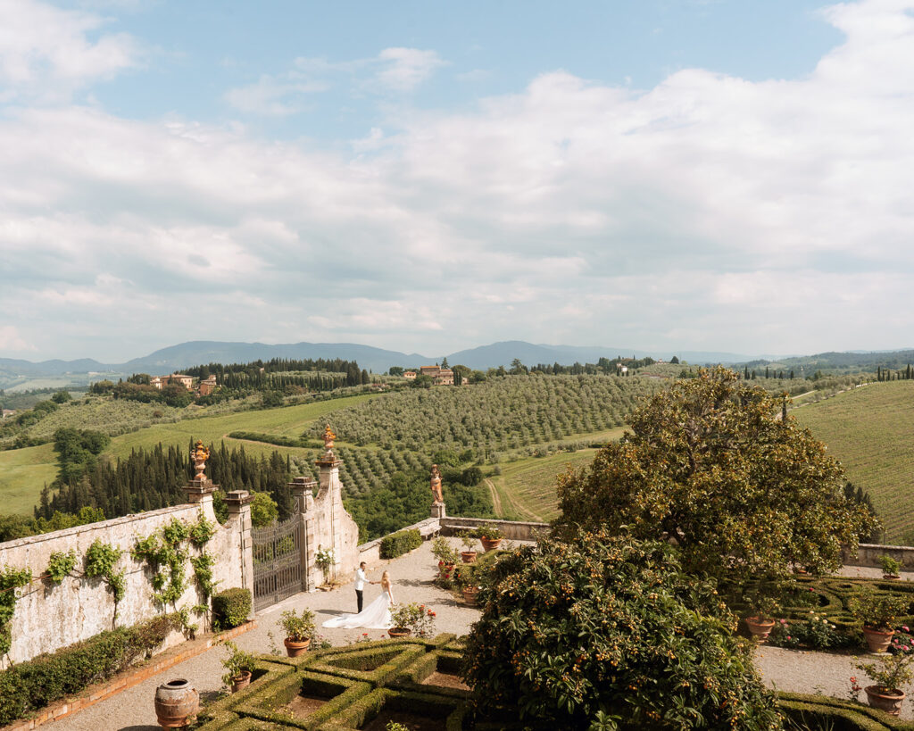A Tuscany Wedding Styled at Villa Corsini: Timeless Editorial Inspiration in Italy Tuscan countryside view from Villa Corsini in Florence, Italy during a luxury wedding weekend.