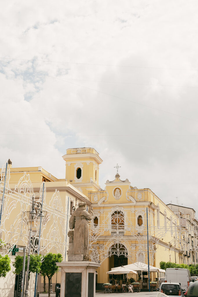 Sorrento Italy street view near Villa Astor wedding venue with historic church